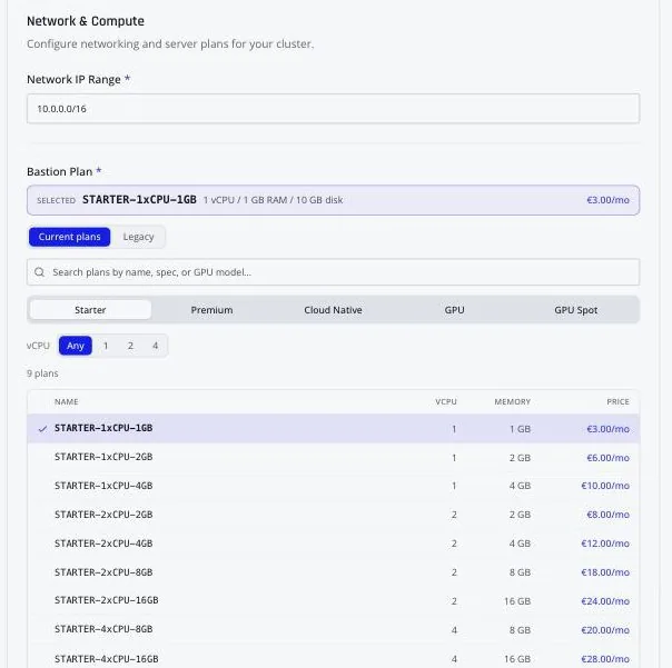 The network step: a private IP range field and bastion plan selection showing the cheapest starter plan