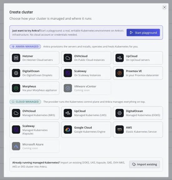 The Ankra create cluster dialog, with UpCloud listed under Ankra Managed alongside the other providers
