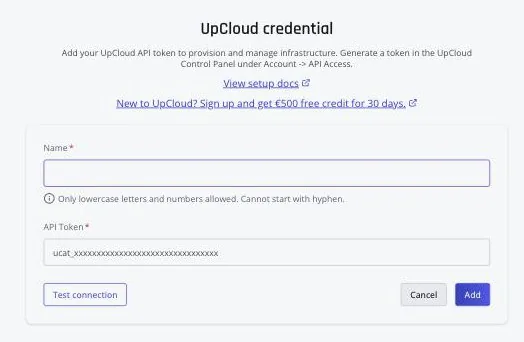 Adding an UpCloud credential in Ankra: a name field and the ucat_ API token, with a Test connection button