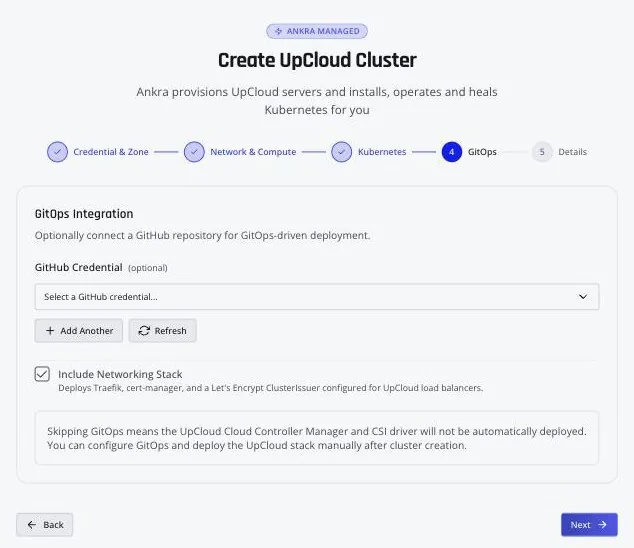 The GitOps step: a repository and branch selection, with the include networking stack option ticked