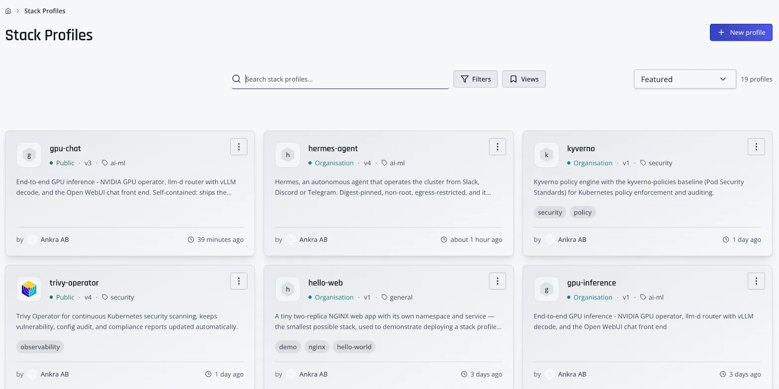 The Ankra stack profile catalog, with the hermes-agent profile alongside gpu-chat, kyverno, trivy-operator and others