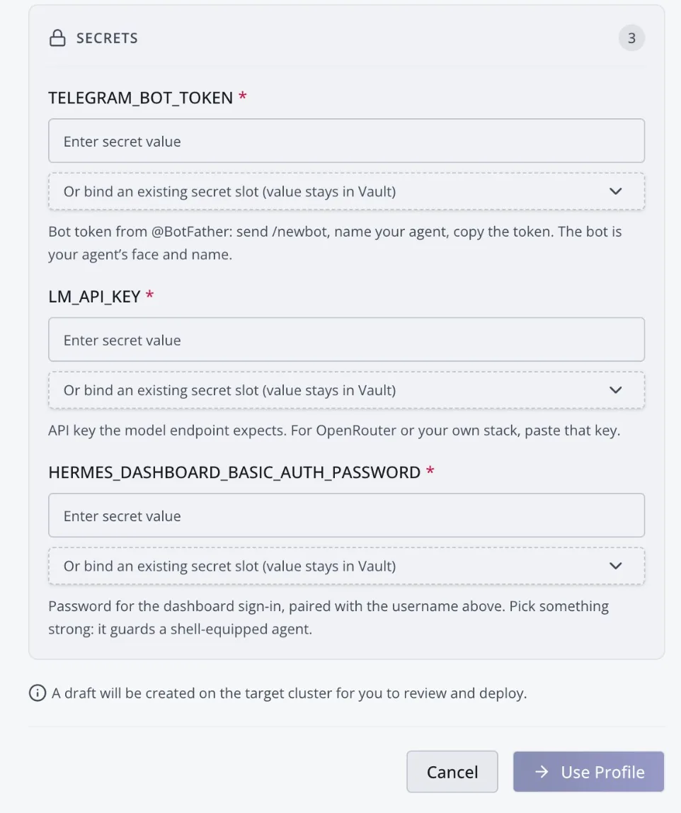 The secrets section of the form: bot token, model API key and dashboard password, each with the option to bind an existing Vault slot instead
