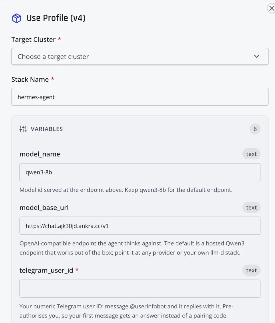 The Use Profile form: target cluster, stack name, and prefilled variables for the model name and endpoint