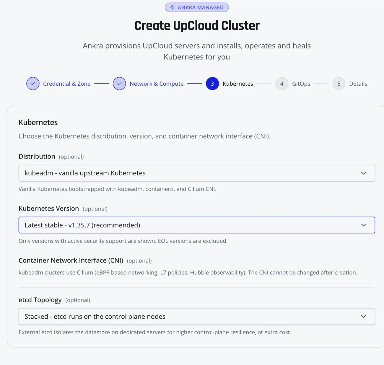 The Kubernetes step: distribution choice with kubeadm preselected, the Cilium CNI, a version list and the stacked or external etcd topology