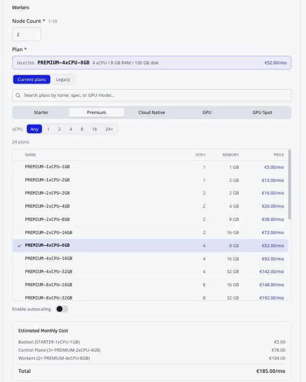The worker node step: node count, an autoscaling toggle, and a filterable plan list with monthly prices on every row