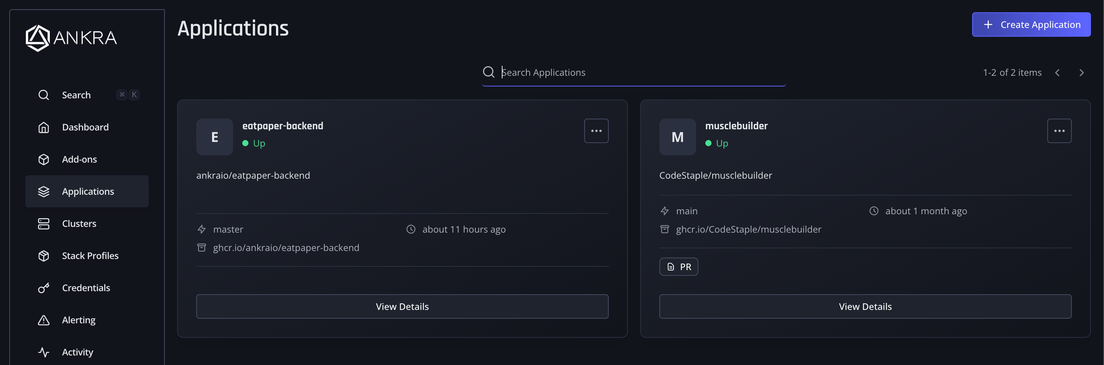 Applications in Ankra: repositories running as stacks
