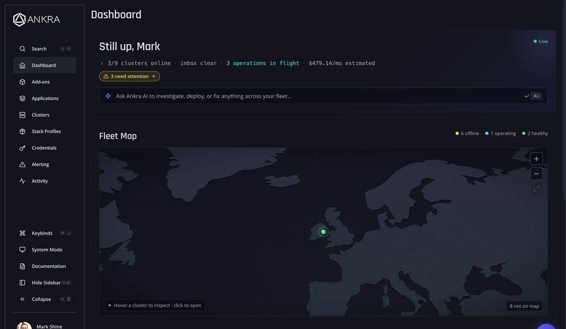 The Ankra dashboard: fleet map, live operations, and cost at a glance
